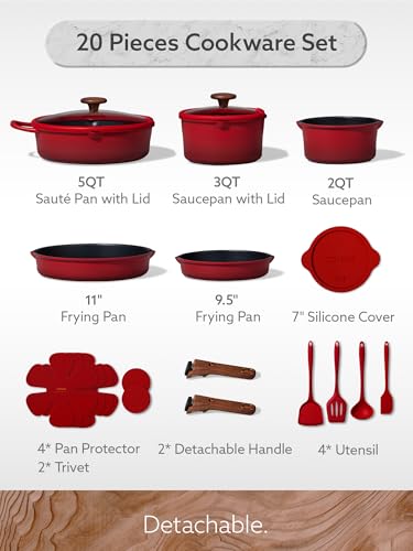 CAROTE 20Pcs Titanium Cookware Set, Pots and Pans Set Non Stick, Kitchen Cooking Set with Detachable Handle, Non Toxic Induction Cookware - Camping Cookware, Dishwasher/Oven Safe, Red - color: Gradient Red