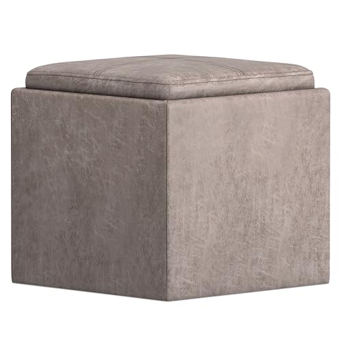 SIMPLIHOME Rockwood Cube Storage Ottoman with Tray - 17" Wide x 17" High Upholstered Vegan Leather Square Storage Ottoman in Distressed Grey Taupe, Contemporary Cube Ottoman with Serving Tray - color: Distressed Grey