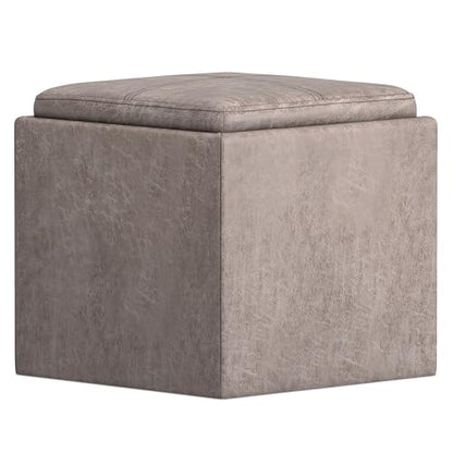 SIMPLIHOME Rockwood Cube Storage Ottoman with Tray - 17" Wide x 17" High Upholstered Vegan Leather Square Storage Ottoman in Distressed Grey Taupe, Contemporary Cube Ottoman with Serving Tray - color: Distressed Grey