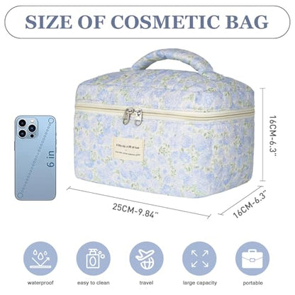 Gosect 1pc Large Makeup Bag, Cute Cosmetic Bag for Women Girls, Floral Coquette Aesthetic Toiletry Bag, Travel Make Up Organizer Bag (Green Leaves Blue Flowers) - color: 027Green Leaves Blue Flowers