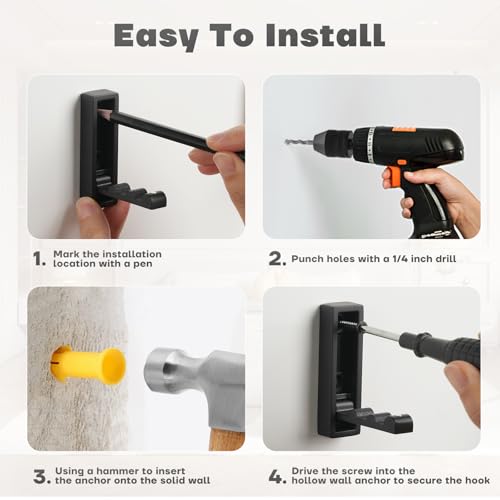 Folding Wall Hooks, 4pcs Foldable Coat Hooks, Heavy Duty Zinc Alloy No Rust Fold Up Hooks for Coat, Towel, Key, Hat, Bag, Jacket, Backpack (Matte Black)