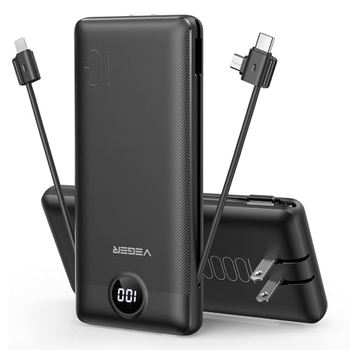 VEGER Portable Charger with Built-in AC Plug and Cables, All in One 10000mAh Ultra Slim Power Bank Travel Essentials, USB C External Battery Pack Compatible with iPhone, Samsung, Android, Black - color: A Black