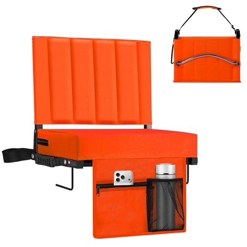 Stadium Seat for Bleachers with Back Support, Portable Bleacher Seat with Wide Comfy Padded Cushion, Metal Hook, Folding Stadium Chair with Shoulder Strap, Carry Handle, Cup Holder, Orange - color: Orange