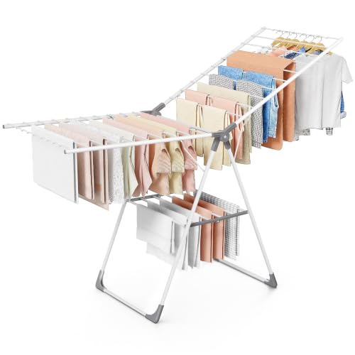 Sakugi Clothes Drying Rack with Height-Adjustable Wings, Metal Foldable Laundry Dryer Stand for Clothing & Bedding, Free-Standing Collapsible for Indoor & Outdoor Use, 69.5" L × 22.8" W, White Gray - color: White & Gray, size: XX-Large (69.5"L x 22.8"W x