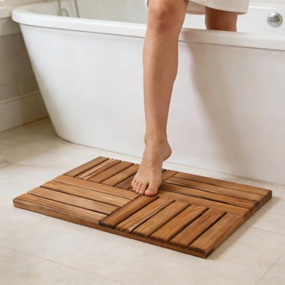 Utoplike Teak Wood Bath Mat, Wooden Shower Mat for Bathroom, 24 x 16 inch Non Slip Wood Floor Sturdy Mat for Inside Shower Luxury Spa Home or Outdoor - size: 24" x 16" (Rectangular)
