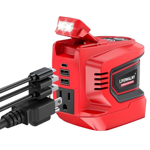 LIVOWALNY 200-250W Power Inverter Compatible with Milwaukee 18V Battery - DC 18V to AC 110-120V Portable Power Station with 1 AC Outlet - 2 USB 1 Type-C & LED Light for Camping Power Outage -Tool Only - color: Red, size: 1-PACK