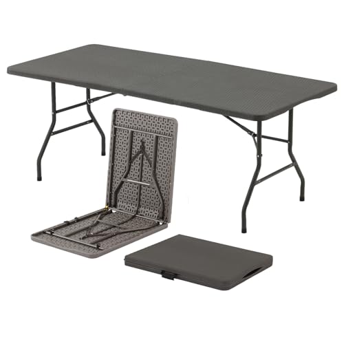 SEALAMB 6 Foot Plastic Folding Table Portable Long Table for Indoor Outdoor Use Rectangular with Carrying Handle,Rattan Patterned HDPE Tabletop, Brown, Utility, Temporary - color: Rattan Patterned Brown, size: 6FT