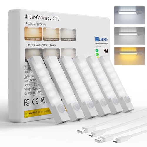 Under Cabinet Lighting 4 Inches Rechargeable Motion Sensor Light Indoor, 3 Color Dimmable Closet Light Battery Operated, USB Stick on LED Magnetic Under Counter Lights for Kitchen Stair, 6 Packs - size: 4inch-6pack