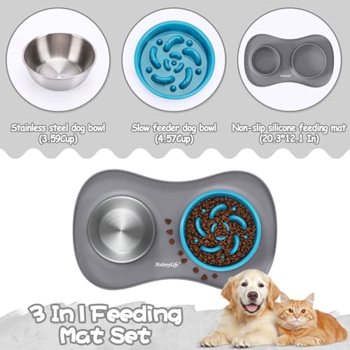 MateeyLife Dog Food and Water Bowl Set 3 in 1, Slow Feeder Dog Bowls & Stainless Steel Water Bowl with Non-Spill Silicone Mat, Cat and Puppy Bowls Pet Dishes for Small Medium Large Breed Anti-Choking - color: Gray, size: Large