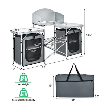 GYMAX Folding Camping Table, Portable Kitchen Table with 2 Zipper Organizer Shelf & Wind Screen, Foldable Cooking Table for Camping Hiking Picnic BBQ (Grey) - color: Grey
