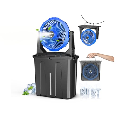 Ausic 9L Bucket Portable Misting Fan for Outdoors Patios, 30000mAh Rechargeable Battery Operated Camping Fan, 3 Strong Winds, 3 Large Spray Outlets, for Fishing/Travel/Garden Party/Golf/Tent/Office - color: Blue, size: 30000mAh