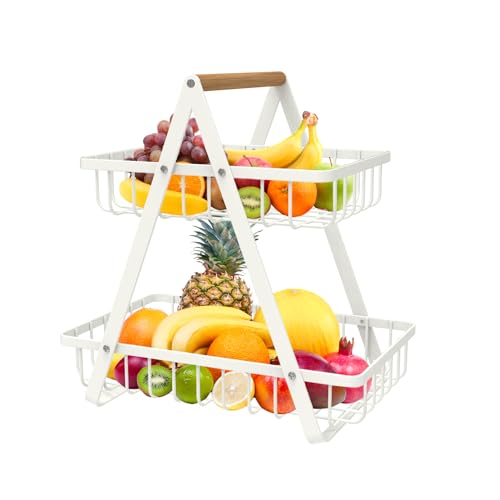 mahueeol 2-Tier Countertop Fruit Basket, Detachable Metal Rectangular Fruit Bowl with Portable Wooden Handle, Multi-Purpose Storage Organizer for Kitchen, Dining Room,Fruits,Vegetables, Bread & Snacks - color: White
