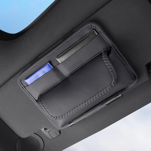 HOLDCY Car Visor Organizer – Sun Visor Storage Pouch Holder for Vehicle Truck SUV, PU Leather Auto Interior Accessories for Registration Document, Gas Card & Sunglasses, Universal Fit (Black) - color: Black