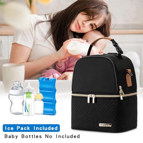 Breastmilk Cooler Bag with Ice Pack Fits 6 Baby Bottles up to 9 Ounce, Breast Milk Pump Cooler Bag with Shoulder Strap for Nursing Mom Daycare, Work, Travel- Black - color: Black