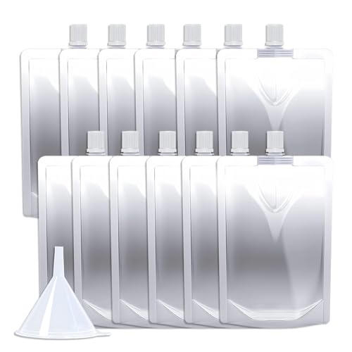 12PCS 16OZ Plastic Flasks,Reusable Drink Pouches with Funnel,Spouted Drinking Bags for Liquid Juice,Leak-Proof Food Grade for Travel Outdoor Sports Concert Cruise Events - color: 16OZ 12PCS +Funnel