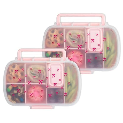 Paris Hilton 2-Pack Bento Style Snack Boxes, 7-Compartment Lunch Containers with Built-In Phone Stand, Removable Dividers and Dip Containers, Pink Bow Print - color: Pink Bow Print