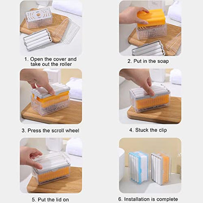 ZINC WEALD Foaming Soap Box, Automatic Soap Dish with Rollers, 2 in 1 Multifunctional Soap Holder for Shower, Bathroom, Kitchen, Blue, Gray