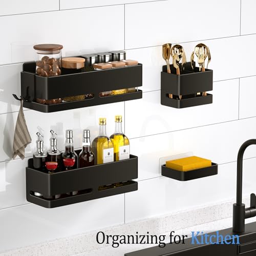 Bathroom Shower Caddy (5-piece Set), wall-Mounted Shelf with soap Dish and Toothbrush Holder, no Drilling Required, Ideal for Bathroom Storage and Also Suitable for Kitchen (Black) - size: Black-5-piece set
