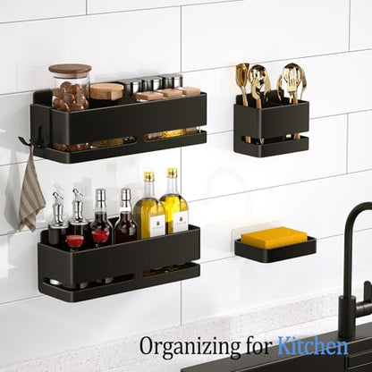 Bathroom Shower Caddy (5-piece Set), wall-Mounted Shelf with soap Dish and Toothbrush Holder, no Drilling Required, Ideal for Bathroom Storage and Also Suitable for Kitchen (Black) - size: Black-5-piece set