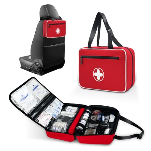 Portable First Aid Bag, Empty Emergency Trauma Kit with Reflective Strips, Multi-Compartment Medical Organizer for Travel, Camping, Car, Outdoor and Home, BAG ONLY (Red) - color: Red