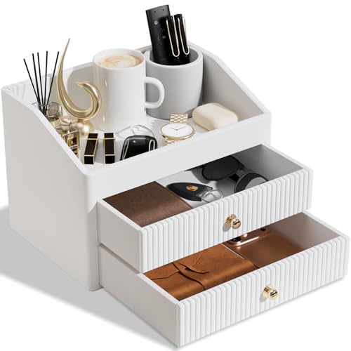 LADSTAG Desk Organizer,Beige White Vegan Leather Desk Accessories & Workspace Organizers with 2 Drawers & Tray,Key Holder with Gold-Tone Metal Accents knob，Jewelry Box,Nightstand - color: White, size: 3 layers