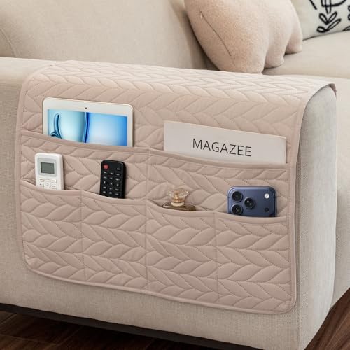 Remote Control Holder for Armchair, Couch Caddy Organizer TV Remote Holder for Recliner Couch With 6 Pockets, Non-Slip Arm Chair Caddy Bedside Table Organizer for Magazine, Tablet, Phone (Off-White) - color: Off-White
