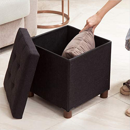 15 Inch Storage Ottoman with Wooden Legs - Cube Foot Rest Stool, Square Footstool, Comfortable Seat with Lid, Foldable Fabric Ottoman, Space-Saving Black - color: Squ Black