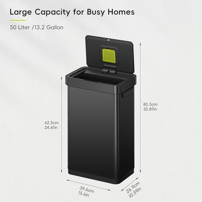 EKO Deluxe Mirage-T 50 Liter / 13.2 Gallon Touchless Rectangular Motion Sensor Trash Can, Matte Black Stainless Steel Finish - size: Deluxe 50L - Matte Black