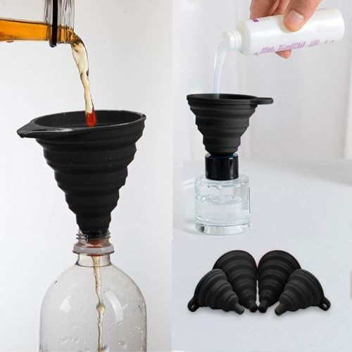 Kitchen Funnel Set 4 Pack, Small and Large, Kitchen Gadgets Accessories Foldable Silicone Collapsible Funnels for Filling Water Bottle Liquid Transfer Food Grade(Black) - color: Black