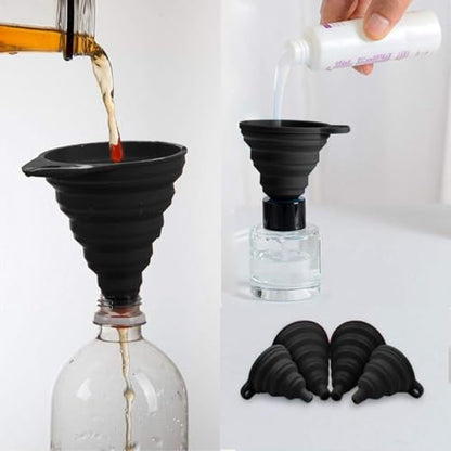 Kitchen Funnel Set 4 Pack, Small and Large, Kitchen Gadgets Accessories Foldable Silicone Collapsible Funnels for Filling Water Bottle Liquid Transfer Food Grade(Black) - color: Black
