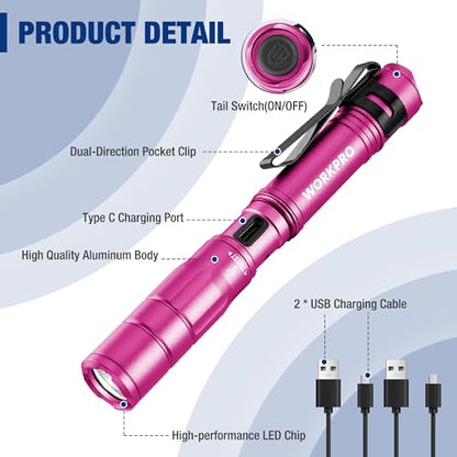 WORKPRO Rechargeable Pen Light, Mini Flashlight, 2 Pack Ultra-Compact EDC Flashlight, Pocket Flashlight with Clip, Memory Function and 2 x USB C Cable Included, Pink - color: Pink