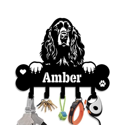 NIWAHO Personalized Dog Leash Holder Wall Mount - Custom Sussex Spaniel Metal Silhouette Sign with Bone Key Hooks, Entryway & Pet Room Organizer Decor - color: Sussex Spaniel