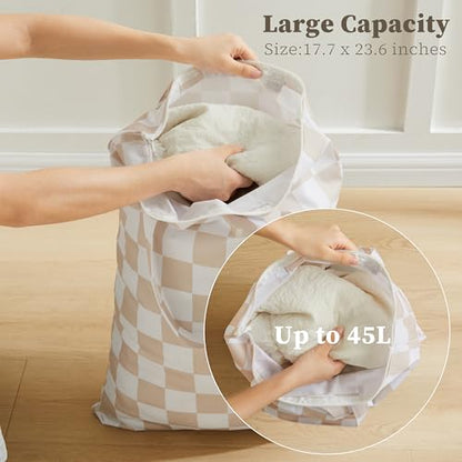 Ohocut Checkered 2 Pcs Large Travel Laundry Bags for Dirty Clothes, Aesthetic Trendy Waterproof Washable Laundry Bag with Handle for Travel, Gym, Swimming Pool, Beige - color: Beige