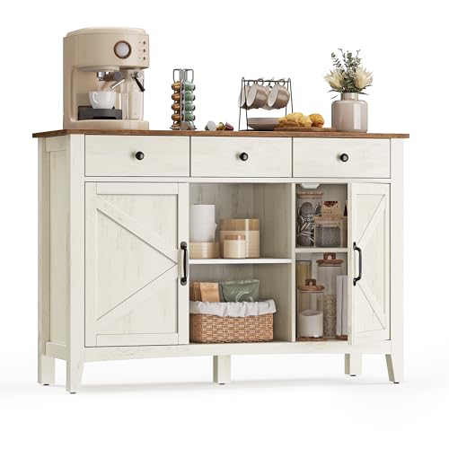 VASAGLE LIRY Collection - Coffee Bar Cabinet, Kitchen Storage Cabinet with 3 Drawers, Farmhouse Sideboard with Adjustable Shelf for Kitchen, Rustic White and Honey Brown UBBK371W01V1S - color: Rustic White + Honey Brown, size: 3 Drawers + 2 Doors (45.1"W)