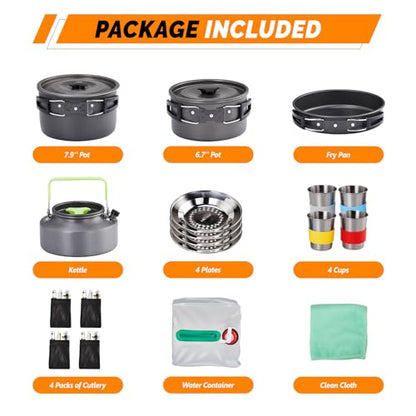 ROVSUN 34 pcs Camping Cookware Mess Kit, Lightweight Non-Stick Camping Cooking Pot and Pan Set with Stainless Steel Camping Gear Kettle Cup for Open Fire, Backpacking, Outdoor Cooking