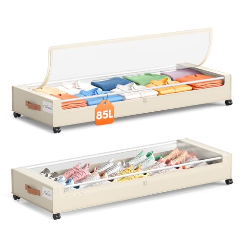 Yecaye Under Bed Storage with Wheels 2 Pack, 85 L Extra Large Under Bed Storage Containers with Metal Frame & Clear Lid, Rolling Underbed Organizer Bins Drawers for Clothes, Shoes, Blankets, Beige - color: Beige, size: Extra Extra Large(2pack)