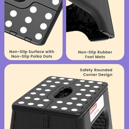 HBTower Folding Step Stool 9 Inch - Holds 600 lb, Non-Slip Surface & Carry Handle - Sturdy Step Stool for Kids, Toddlers & Adults - Compact Foldable Foot Stool for Kitchen, Bathroom, Bedroom, Outdoor - color: Black