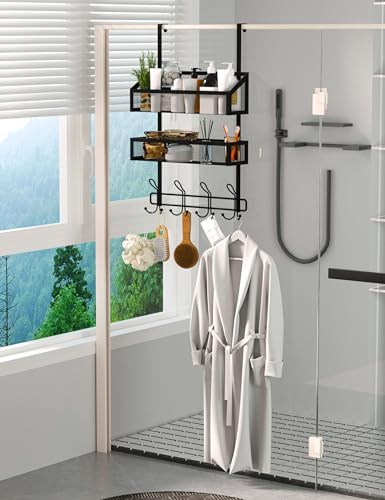 Over The Door Hooks Organizer Storage - Over The Door Hanger for Coat Rack, Storage with 12 Hook & 2 Mesh Baskets, for Bathroom,Bedroom,Kitchen,Office (2Tier Basket with 12 Hooks)