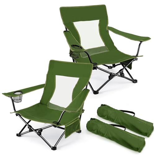 Joyfair Beach Camping Chair (2 Pack), Outdoor Folding Chair for Adults, Heavy Duty Portable Chair for Outside Fishing, Lawn, Sport, Patio, Armrest Cup Holder & Storage Pocket, Carry Bag (Green) - color: Green