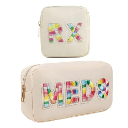 2Pcs Chenille Letter Patch Nylon Medicine Makeup Bag Set,Cute MEDS Travel Makeup Bag with Metal Zipper, First Aid Purse Organizer Cosmetic Bag for Women and Girls(MEDS and RX) - color: 05MEDS and RX