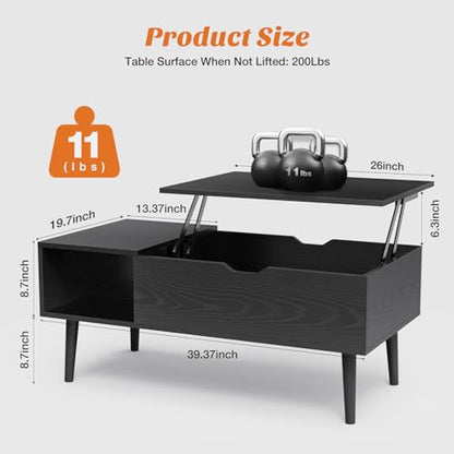 Sweetcrispy Lift Top Coffee Table Black for Living Room, Small Rising Wooden Dining Center Tables with Storage Shelf and Hidden Compartment