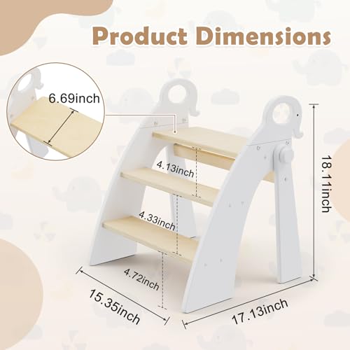 Wooden 3 Step Stool for Kids Bathroom Sink Foldable Anti-Slip, Child Stepping Stool for Kitchen Nursery Bedroom, Sturdy Non Slip Adult Stool for Closet - color: White Ele