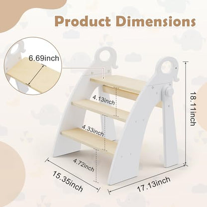 Wooden 3 Step Stool for Kids Bathroom Sink Foldable Anti-Slip, Child Stepping Stool for Kitchen Nursery Bedroom, Sturdy Non Slip Adult Stool for Closet - color: White Ele