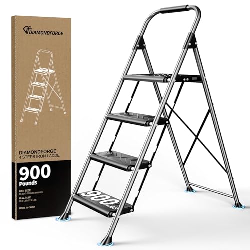 DIAMONDFORGE 4 Step Ladder, Folding Step Stool with Anti-Slip Wide Pedal, Soft Handle, Anti-Slip Feet, Heavy-Duty Steel Construction, 900lbs Capacity Steel Ladder for Home Office, Grey - color: Gray, size: 4 Step without Tool Platform