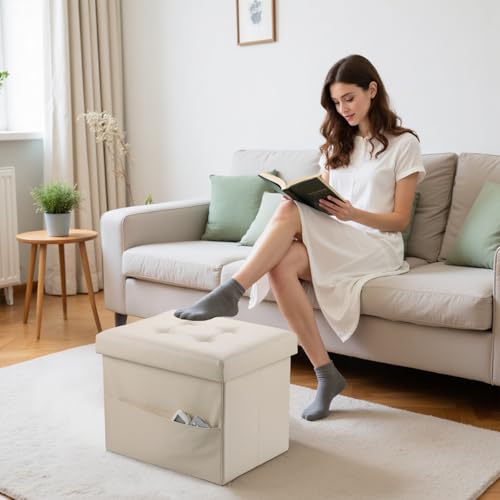 Bsketa Storage Ottoman Foot Rest Stool, Small Leather Storage Ottomans Bench, Folding Footstool with Side Pockets, Foot Rest Under Desk for Living Room Bedroom, 16x12x12 in, Beige 2 Pack - color: Beige 2 Pack-with Side Pockets.
