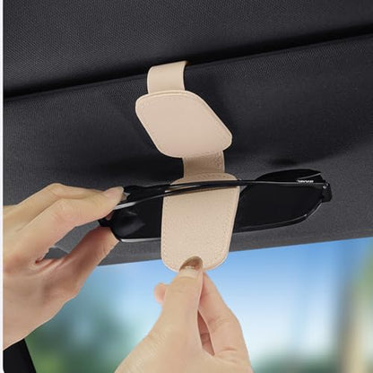 Sunglass Holder for Car Visor, Magnetic Leather Sunglasses Holder and Ticket Card Clip for Car - color: Beige