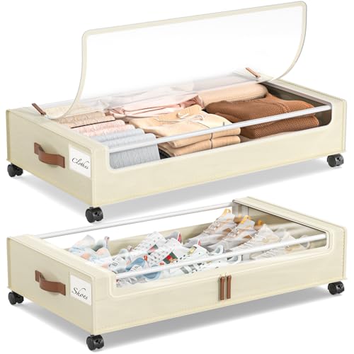 Yecaye Under Bed Storage with Wheels, 2 Pack Under Bed Storage Containers, 60L Underbed Shoe Storage with Clear Window & Label, Rolling Under Bed Metal Drawer for Clothes, Shoes, Books, Blankets - color: Beige, size: Large(2pack)