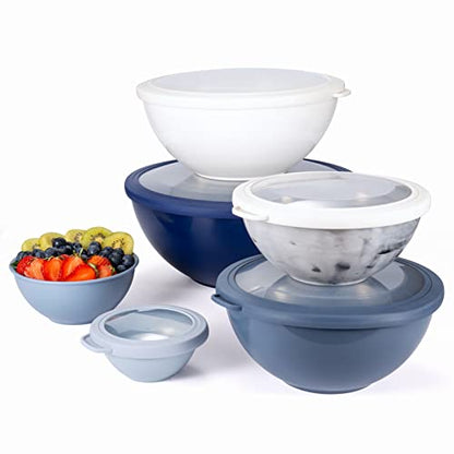 COOK WITH COLOR Mixing Bowls with Lids - 12 Piece Plastic Nesting Bowls Set includes 6 Prep Bowls, Microwave Safe Mixing Bowl Set, Blue and White TPR Lids - color: Blue and White TPR Lids