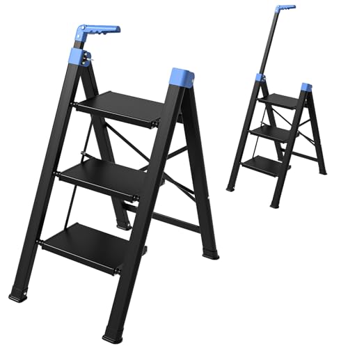 3 Step Ladder,Step Stool Foldable with Single-Handrail,Step Ladder with Anti-Slip Pedals for Home Kitchen Closet,Aluminum Sturdy Material,600lbs Max Load Capacity (Blue) - color: Blue, size: 3 steps