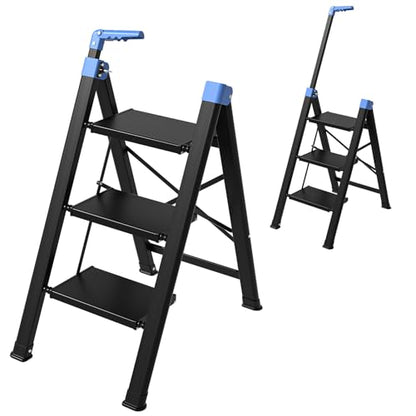 3 Step Ladder,Step Stool Foldable with Single-Handrail,Step Ladder with Anti-Slip Pedals for Home Kitchen Closet,Aluminum Sturdy Material,600lbs Max Load Capacity (Blue) - color: Blue, size: 3 steps